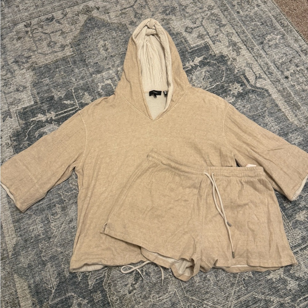 Theory Beige Hooded Loungewear Top and Shorts Set